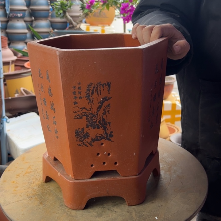 紫砂红如意六方大加拖口径26×23×28