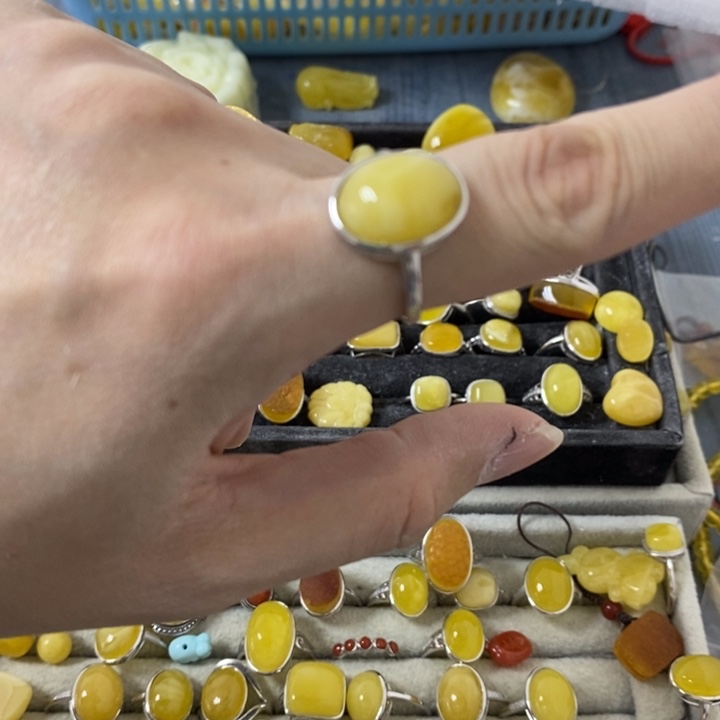 蜜蜡裸石银S925镶嵌戒指