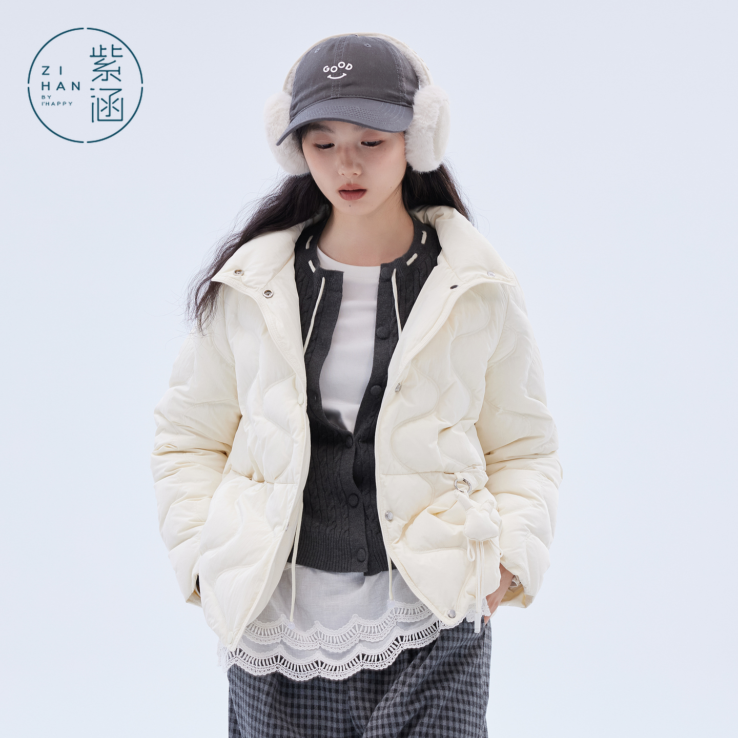紫涵短款立领羽绒服女2025年冬季新款轻薄波浪纹修身显瘦鸭绒外套
