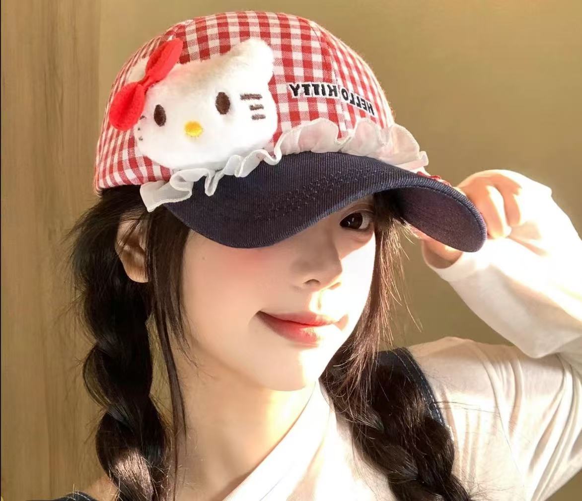 可爱kitty猫蕾丝蝴蝶结空顶防晒帽女夏季户外显脸小太阳遮阳帽子