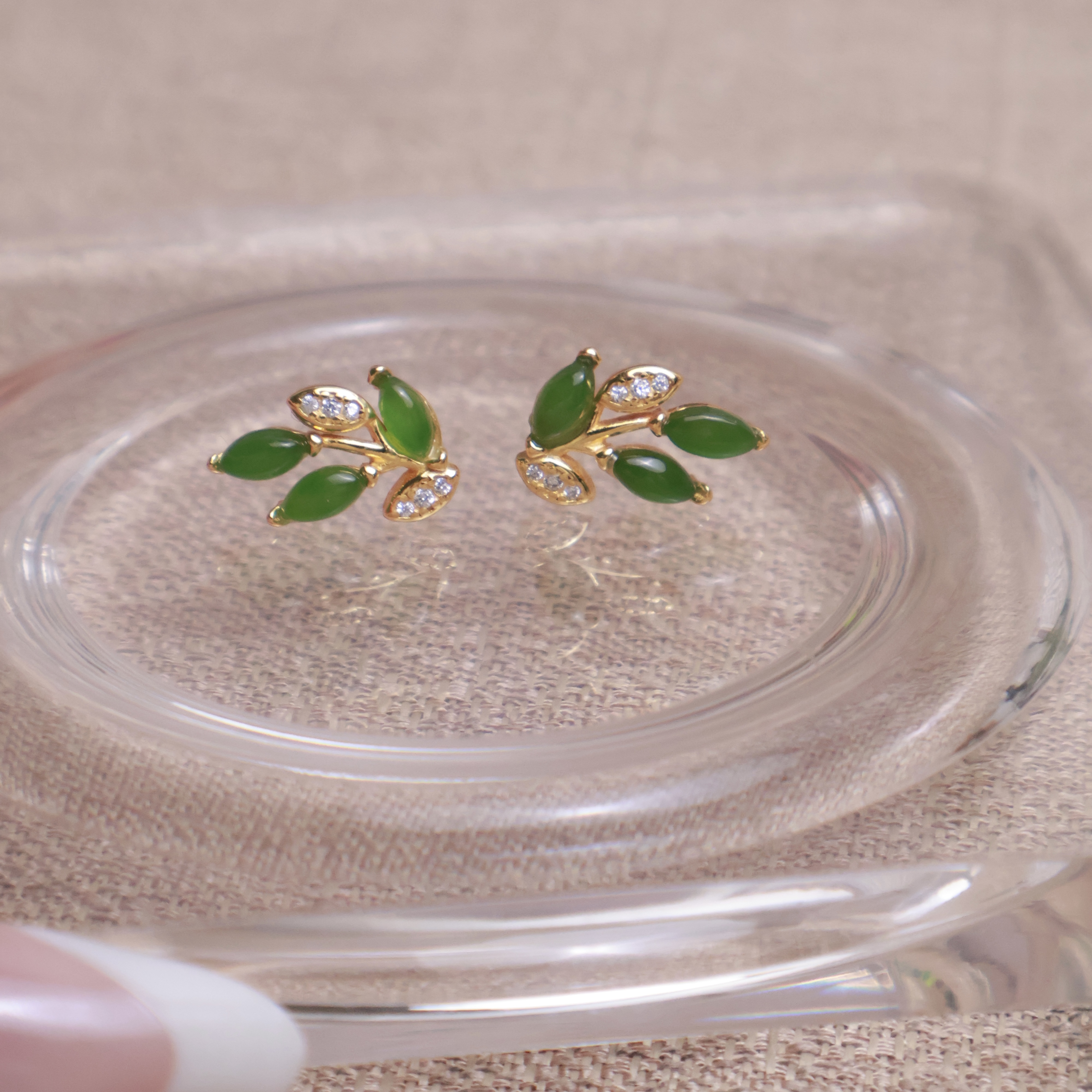 碧玉耳饰叶子精致款925银镶嵌耳钉不退不换