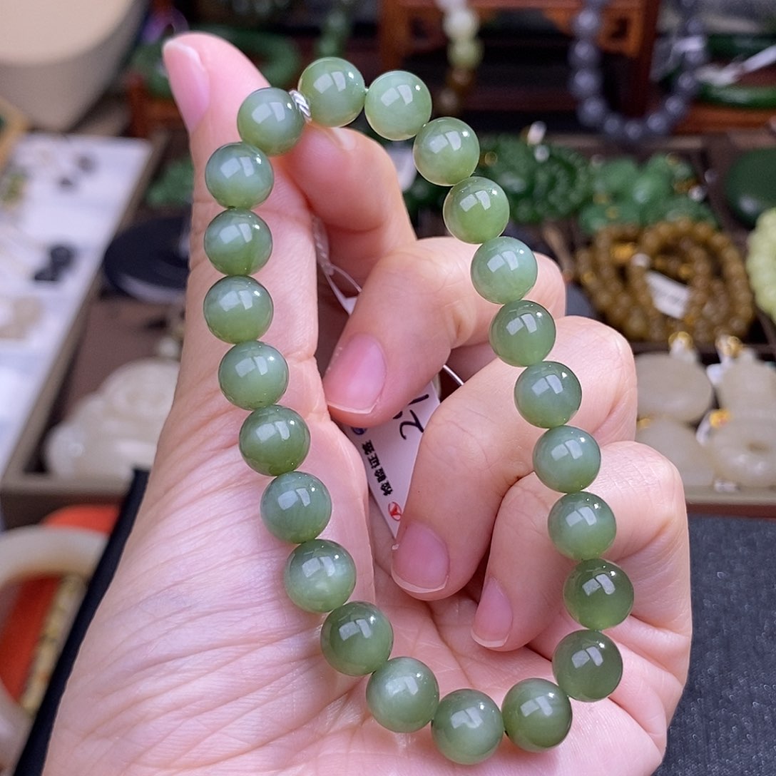 和田玉碧玉冰底猫眼手链清货价约8MM未镶嵌