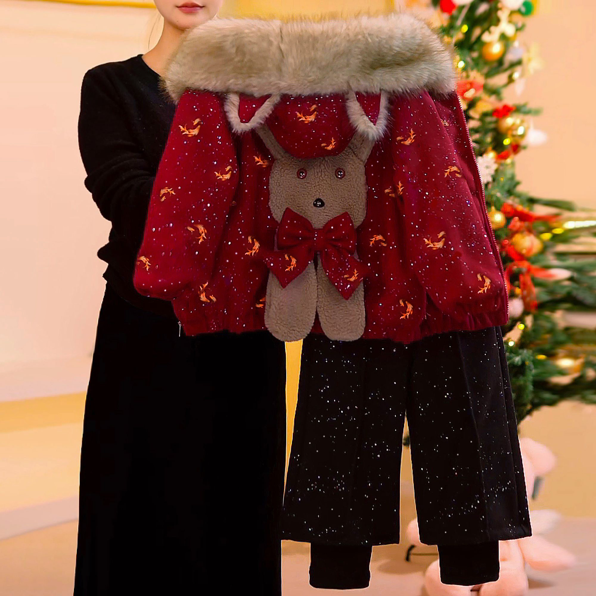 2025冬季大毛领加绒加厚可爱毛毛女童外套套装5530002175