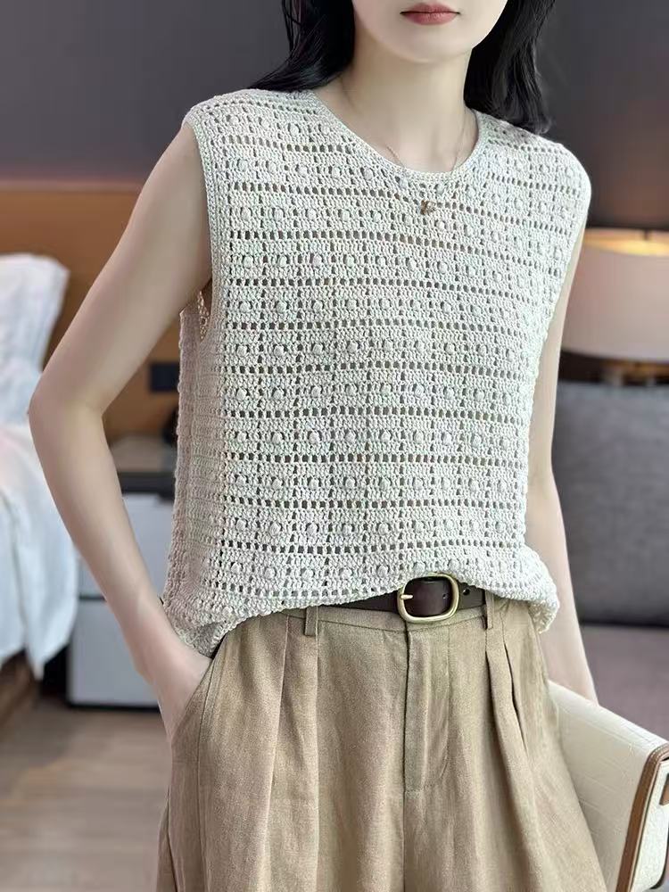 110号 LP极简老钱风清爽亚麻手工钩花镂空针织背心上衣