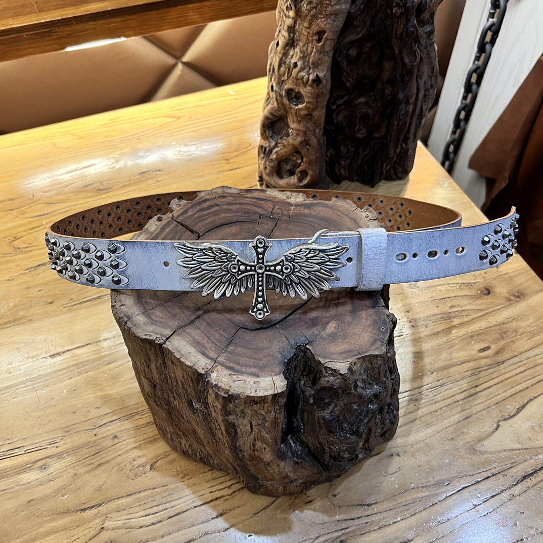 克罗天使扣镀银扣灰白色牛皮腰带头层牛皮