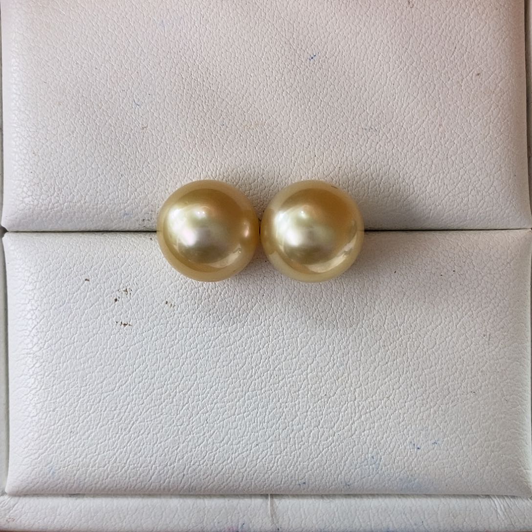 海水珍珠耳饰18K金镶嵌南洋金珠10-11m m