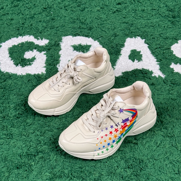 99新 GUCCI/古驰 老爹鞋白色厚底运动小白鞋彩色星星印花充新37码