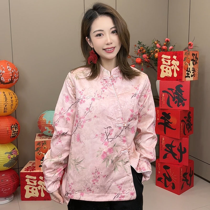 新中式女装时尚洋气复古盘扣长袖衬衣立领高档2501