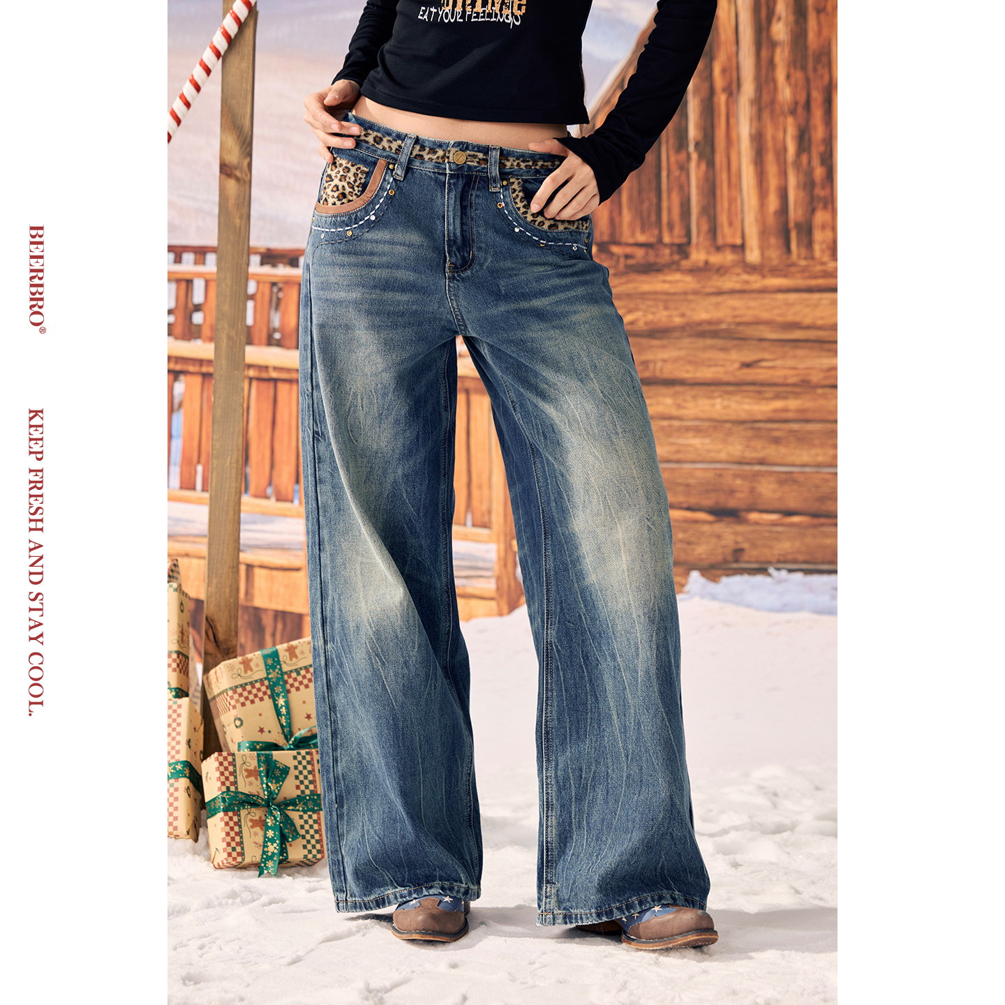 『反叛假日』做旧水洗经典百搭直筒豹纹烫钻牛仔裤BZ25DJT1745