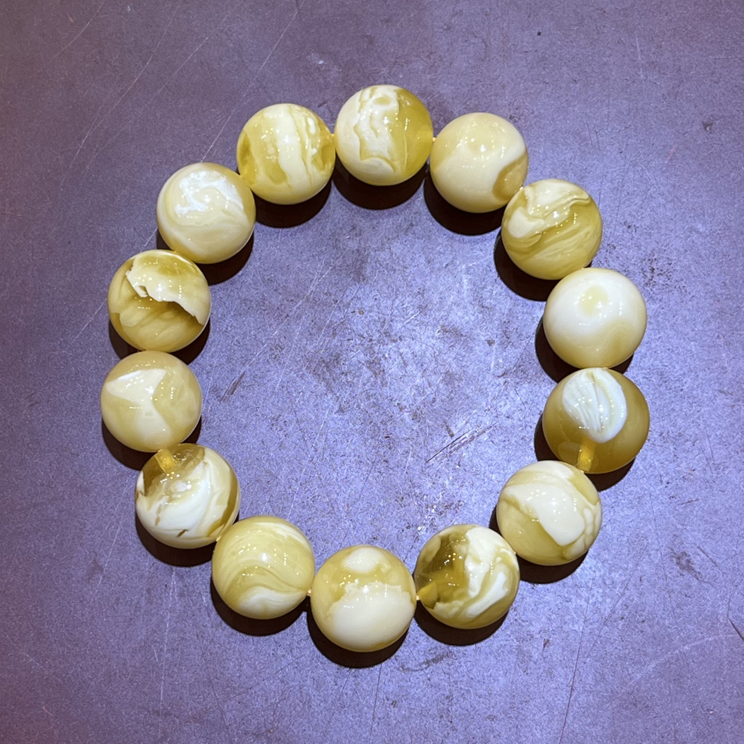 琥珀金白溶洞妖花蜜蜡圆珠手串，15m+，29.2g，天然原矿保真