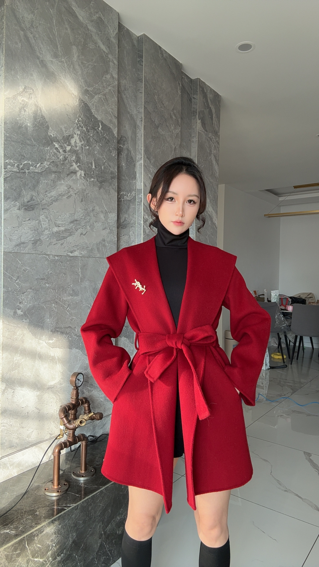 短款紅色大翻領短中长款大衣高端羊毛羊绒高級時尚小个子秋冬