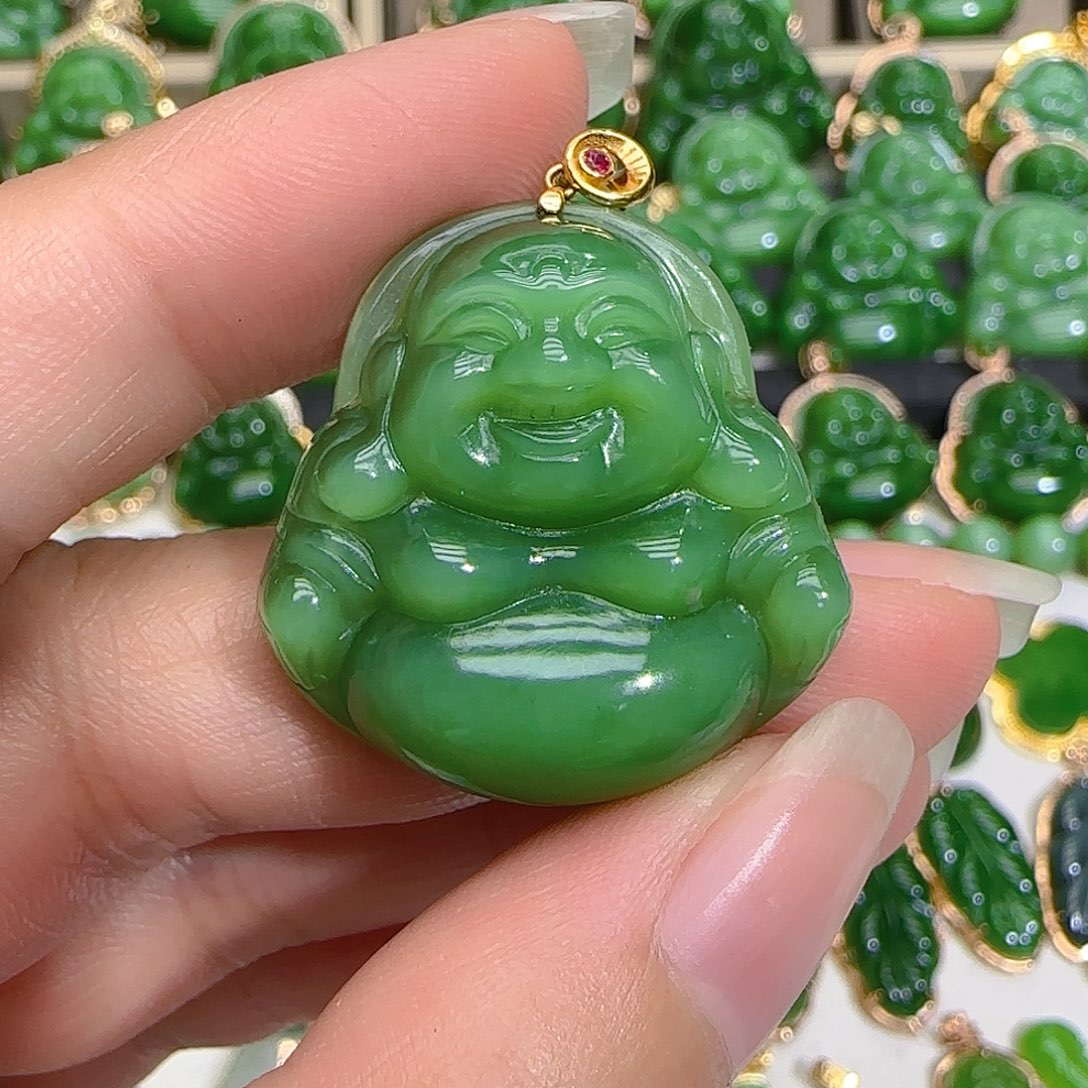 和田玉（碧玉）吊坠(不含链)18K金镶嵌