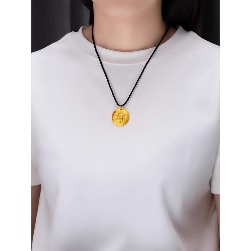 吊坠 【YANCI】黄财神吊坠双面手工雕刻金色实心项坠