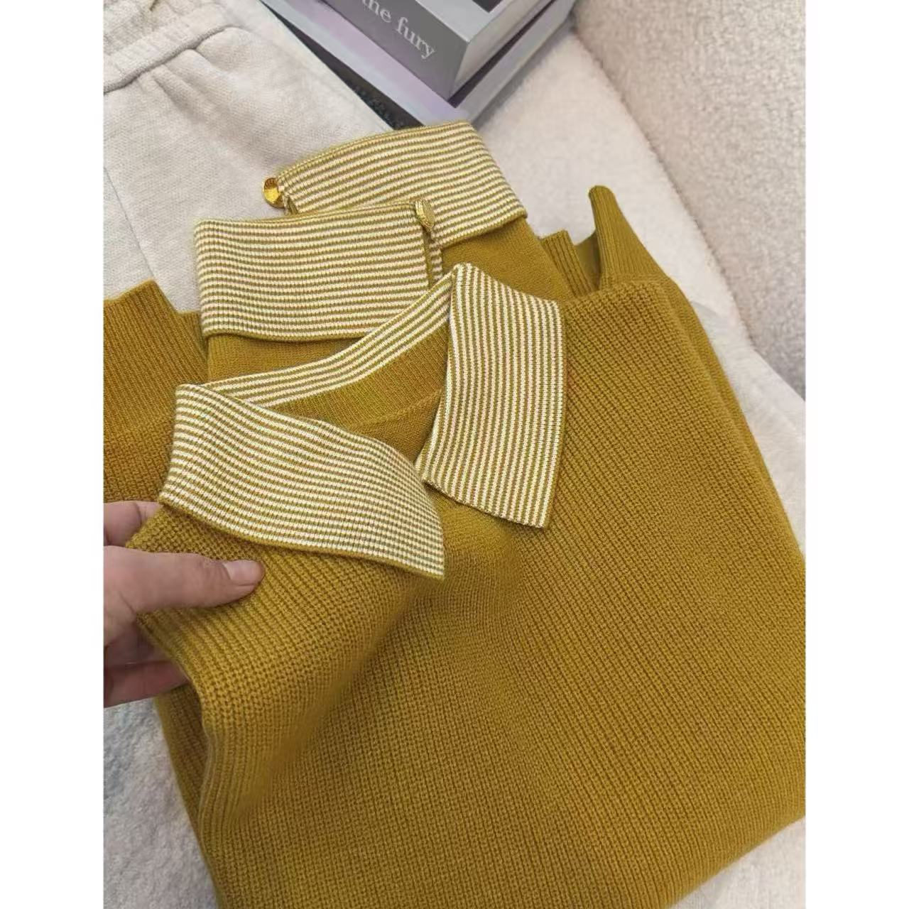 丽姐家~金麦黄春秋长袖洋气针织时尚百搭宽松翻领上衣