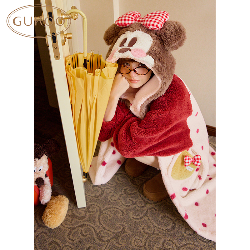 Gukoo/果壳米奇联名居家睡袍女连帽冬天加厚可外穿保暖毛绒