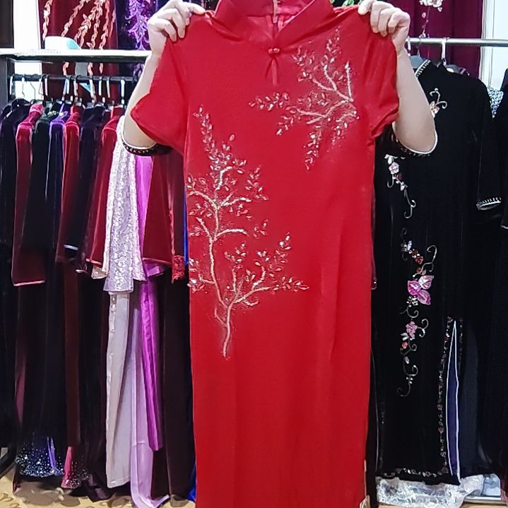 橘红色重工中长旗袍xl95-115内2XL120-130斤左右
