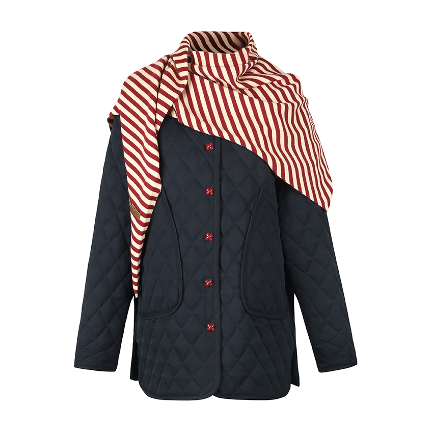 VALERIAOBBACO/瓦莱丽娅 奥贝科藏青色菱格纹棉服 搭配条纹围巾