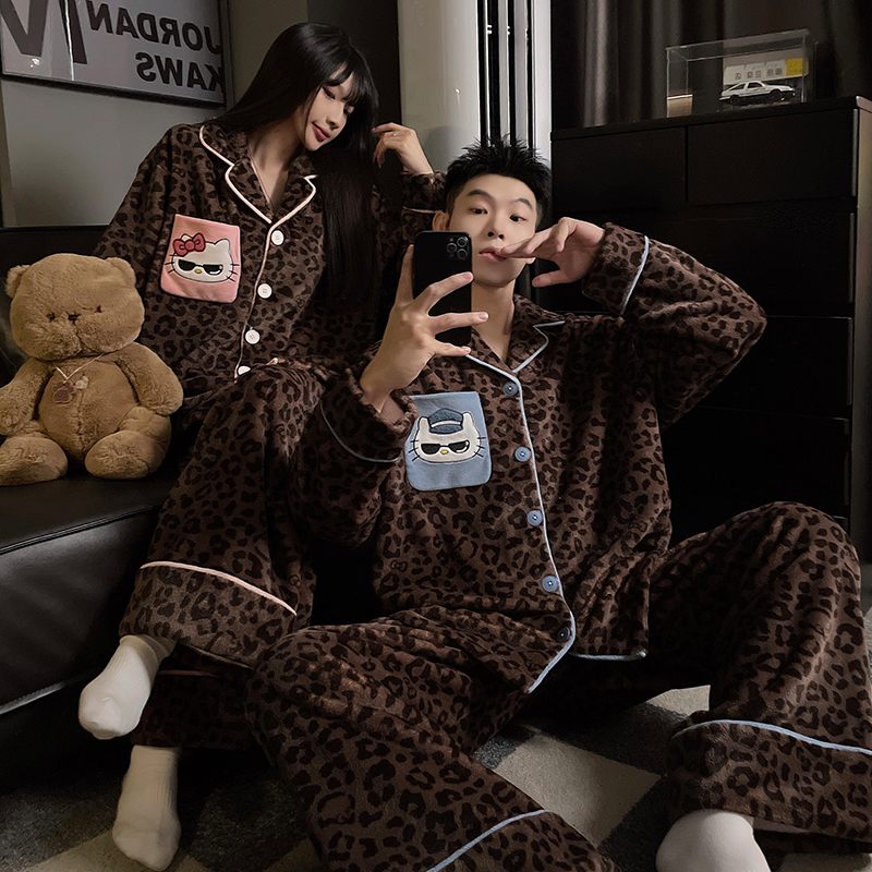【新款预售】hellokitty豹纹翻领情侣睡衣秋冬珊瑚绒加绒家居服套装