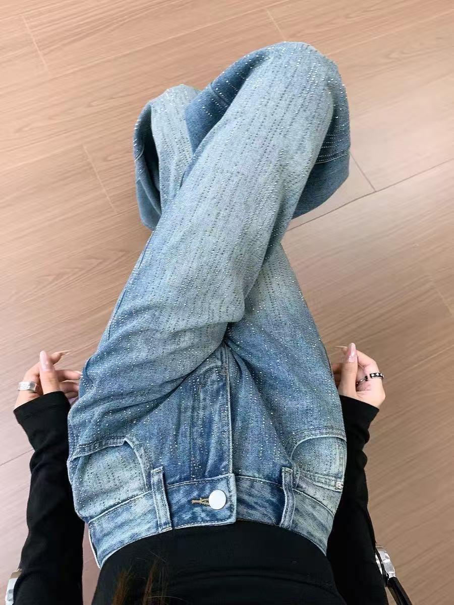 【现货】满天星爆闪烫钻加绒加厚款高腰直筒牛仔裤女阔腿10