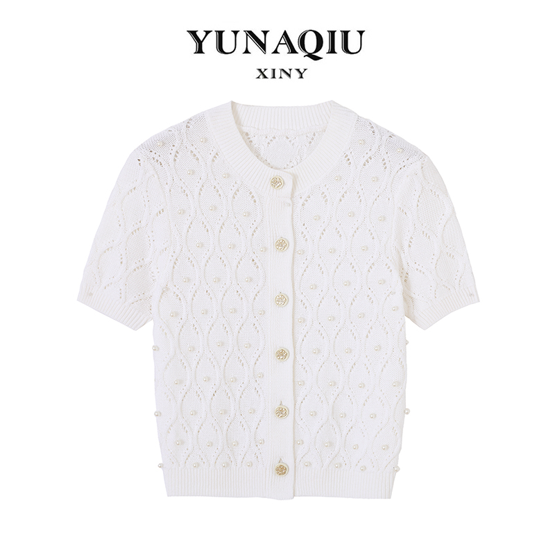 春夏女装时尚百搭V领白色菱格珍珠单排扣圆领针织衫-2125