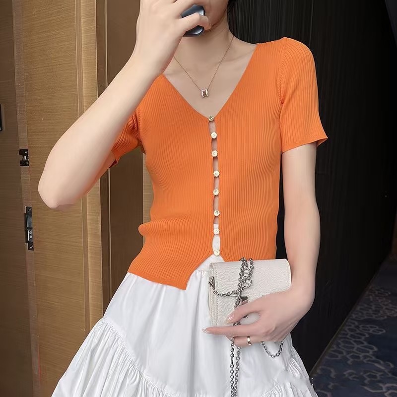 商场同款 V领气质单排扣针织上衣开衫