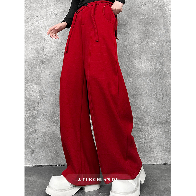 A YUE 秋冬新款复古红色设计感垂感休闲裤男宽松简约百搭直筒长裤