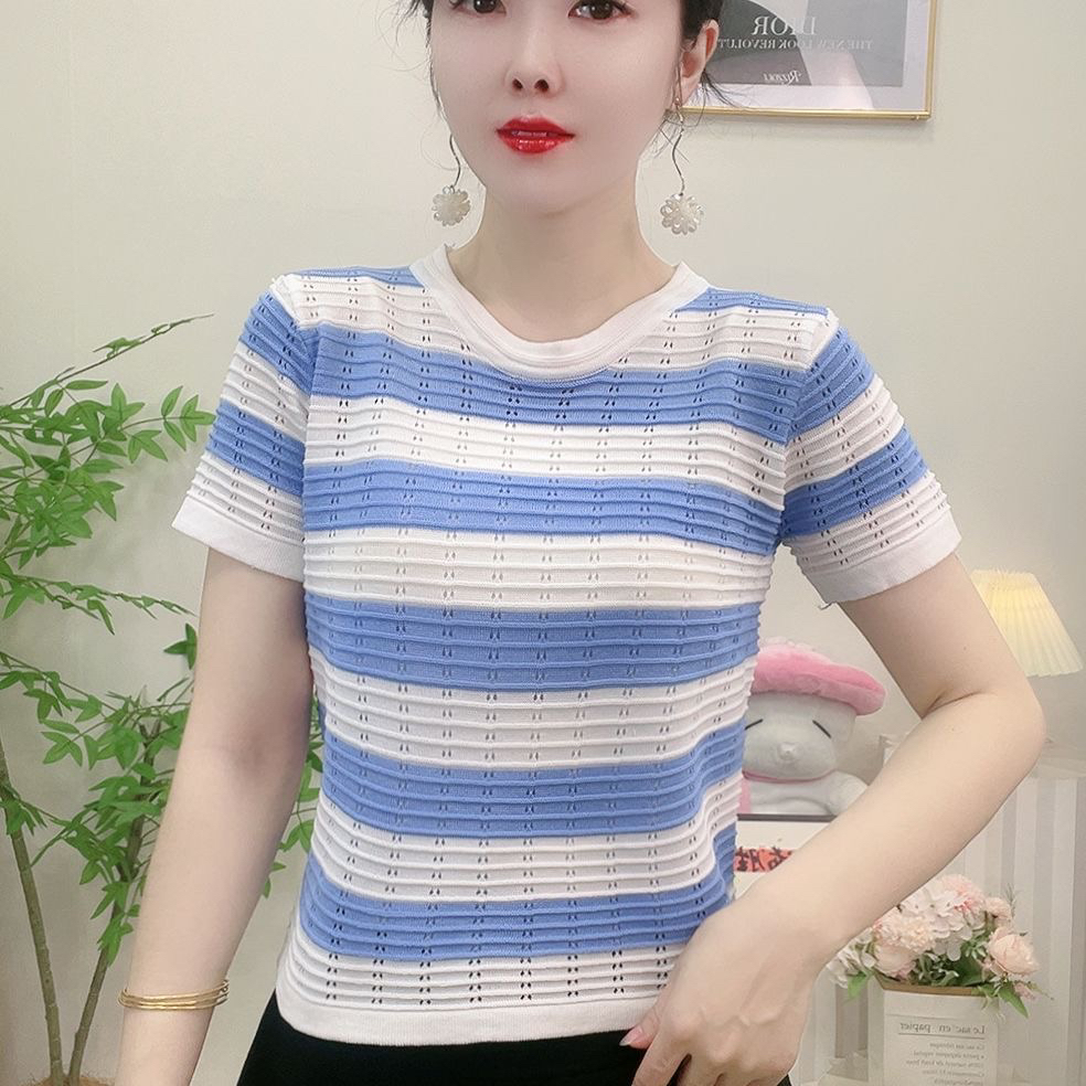 2025夏季新款圆领撞色条纹短袖针织衫女气质修身显瘦通勤简约上衣