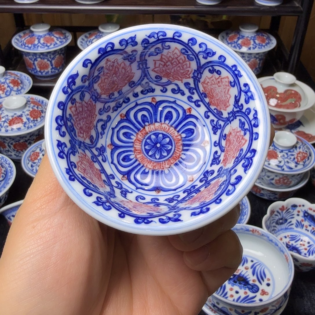 青花釉里红满壶压手杯