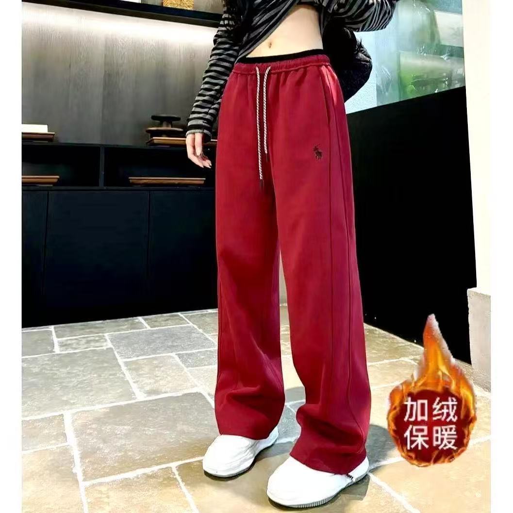 冬季新款刺绣拼色高腰显瘦弯刀阔腿裤女加绒加厚长裤