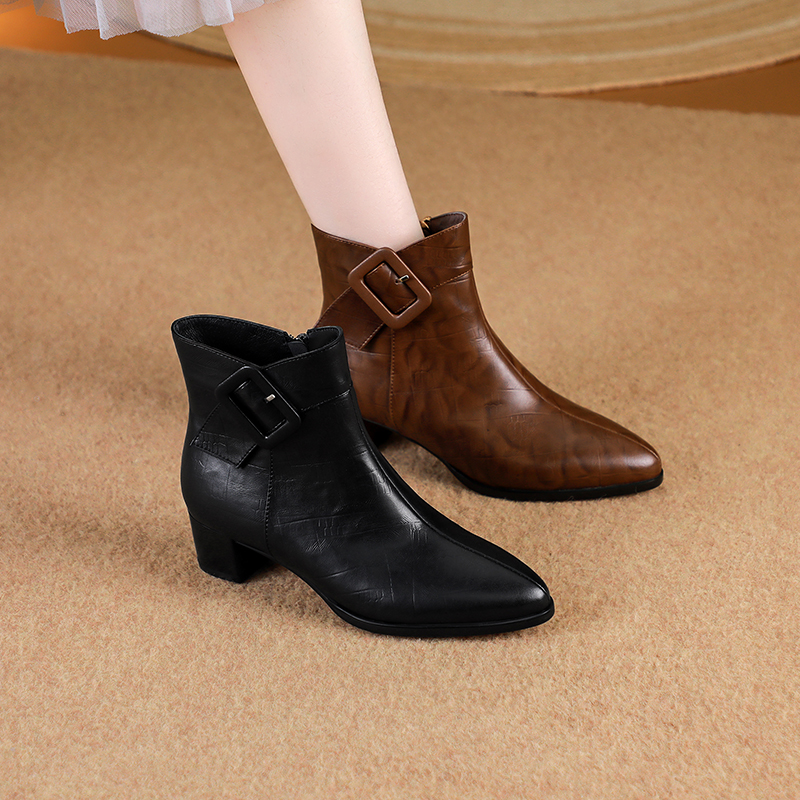 【SLMEI】头层牛皮/34-42/9901粗跟方扣短靴方根尖头时尚真皮女靴子