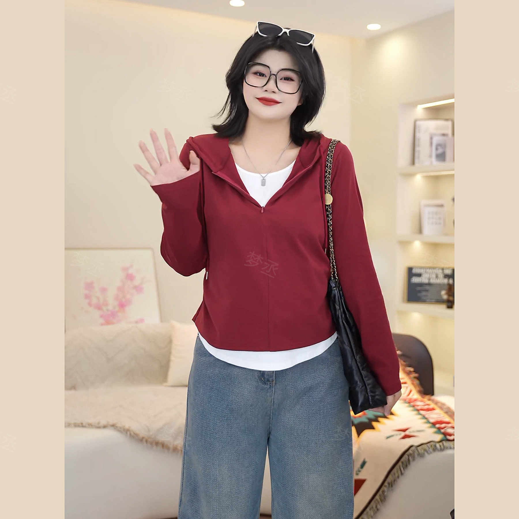 梦丞-胖mm大码女装早秋显瘦遮肉休闲百搭假两件连帽针织上衣女