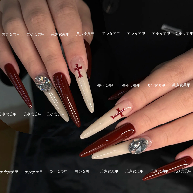 新年喜庆红色山闪钻十字架穿戴美甲炫酷个性霸气Y2K手工定制美甲