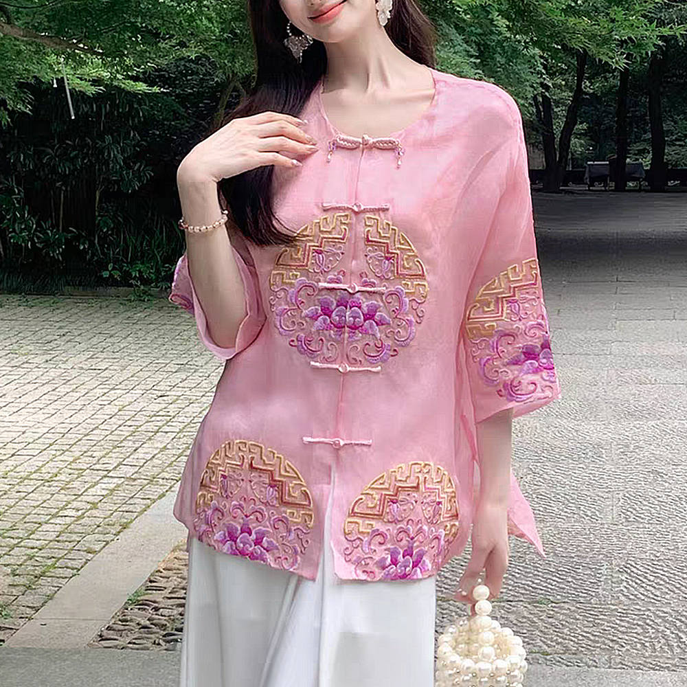 100桑蚕丝新中式国风真丝欧根缎刺绣微透开衫防晒衫ZKD52粉色