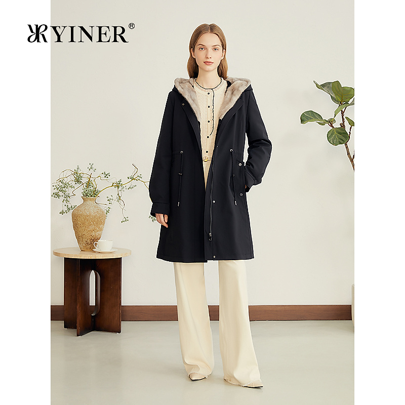YINER音儿专选冬季时尚中长款抽绳收腰水貂毛连帽派克服皮草