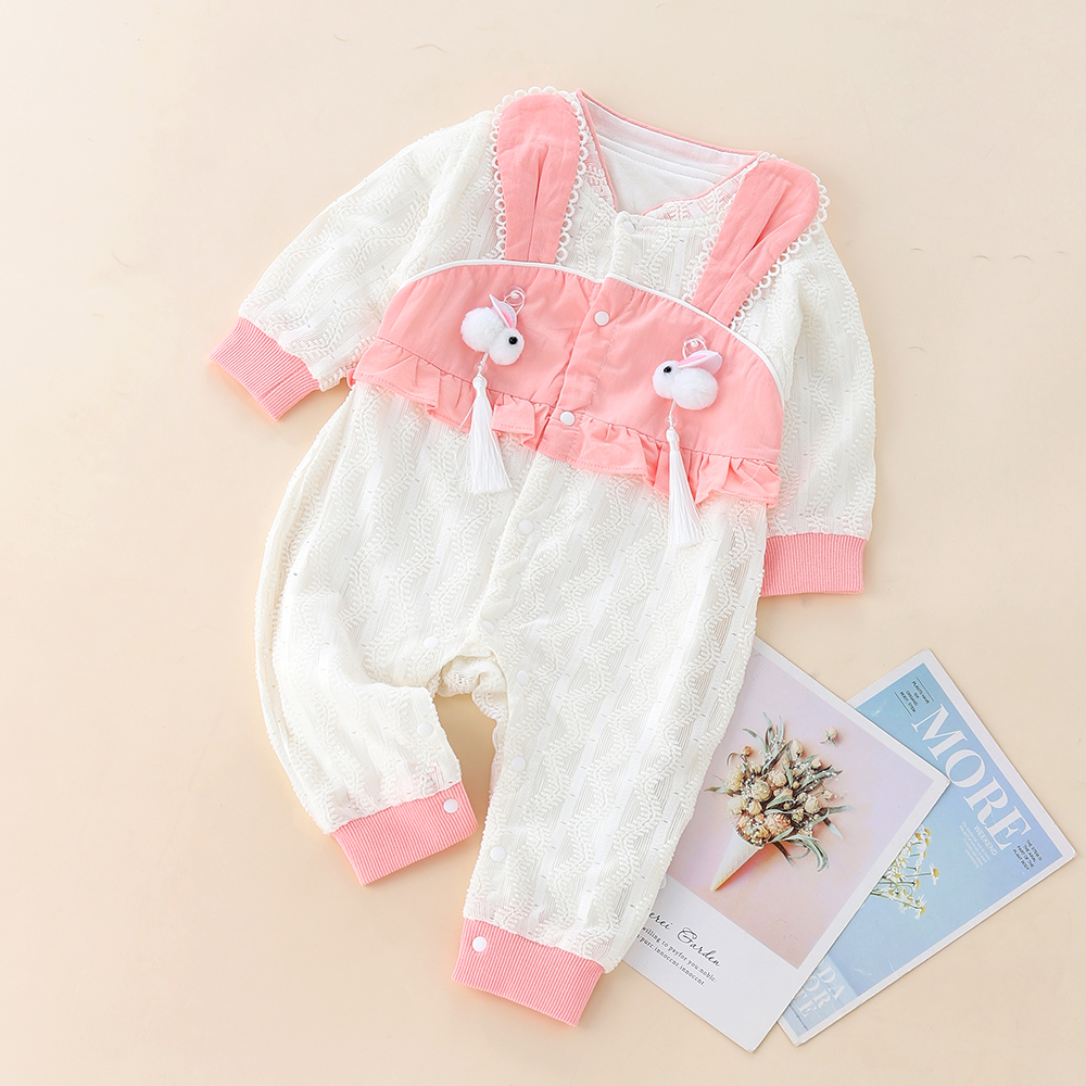 婴幼儿春秋双兔胸拼带里哈衣外出爬服甜美可爱外出