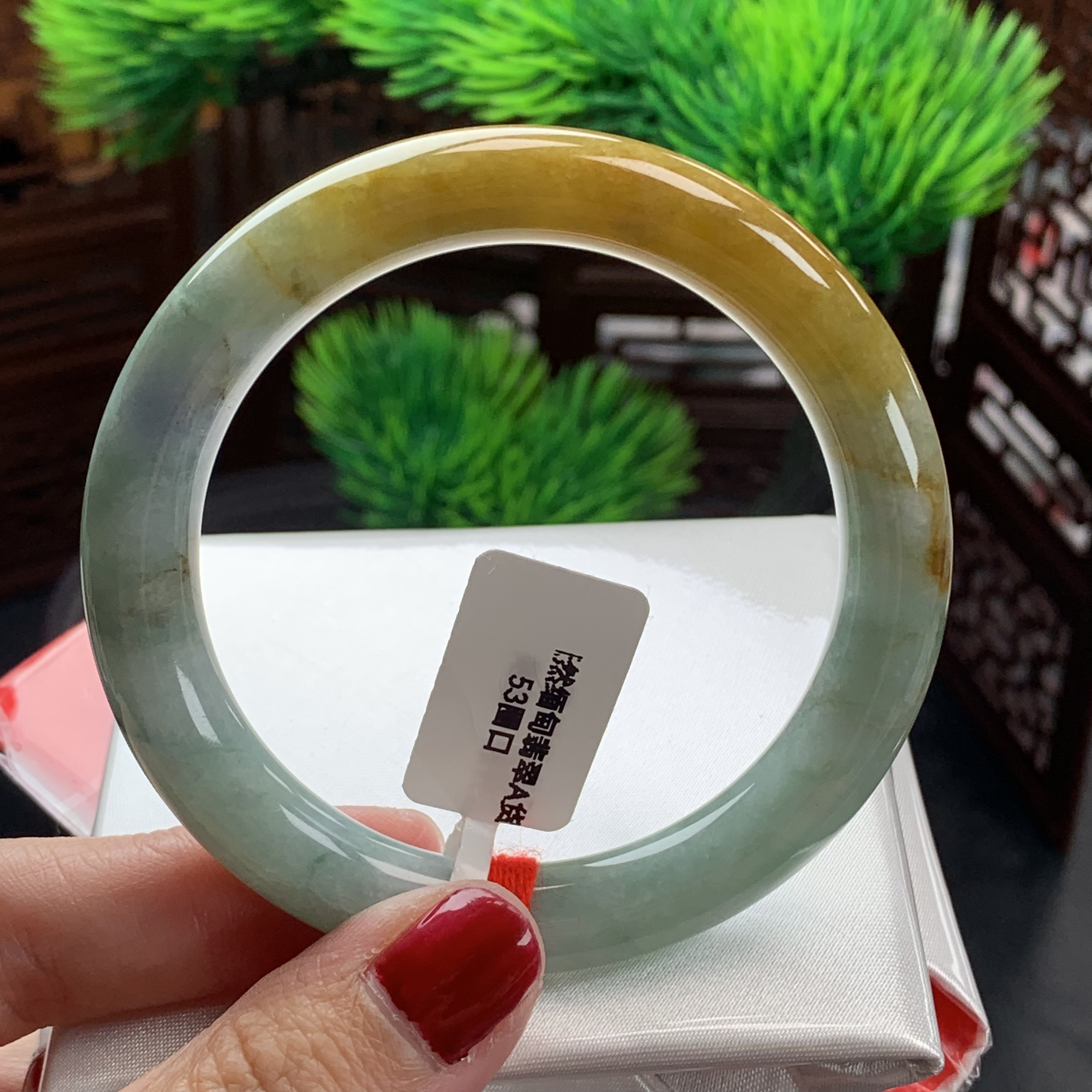 缅甸翡翠翡翠A货手镯53圈口黄翡半山水圆条