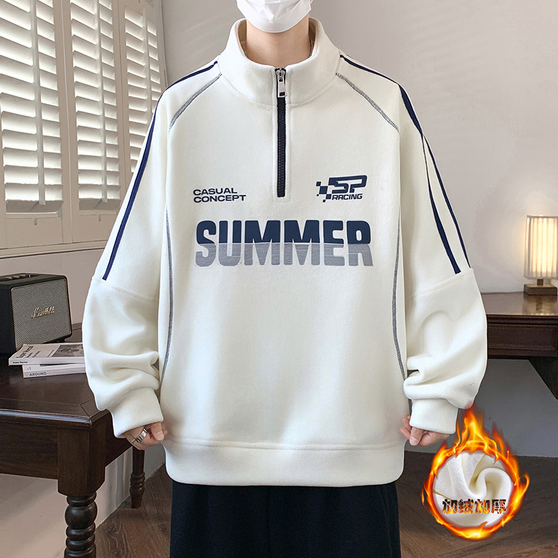 秋冬季新款青少年男生加厚半拉链卫衣字母印花设计保暖百搭打底衫