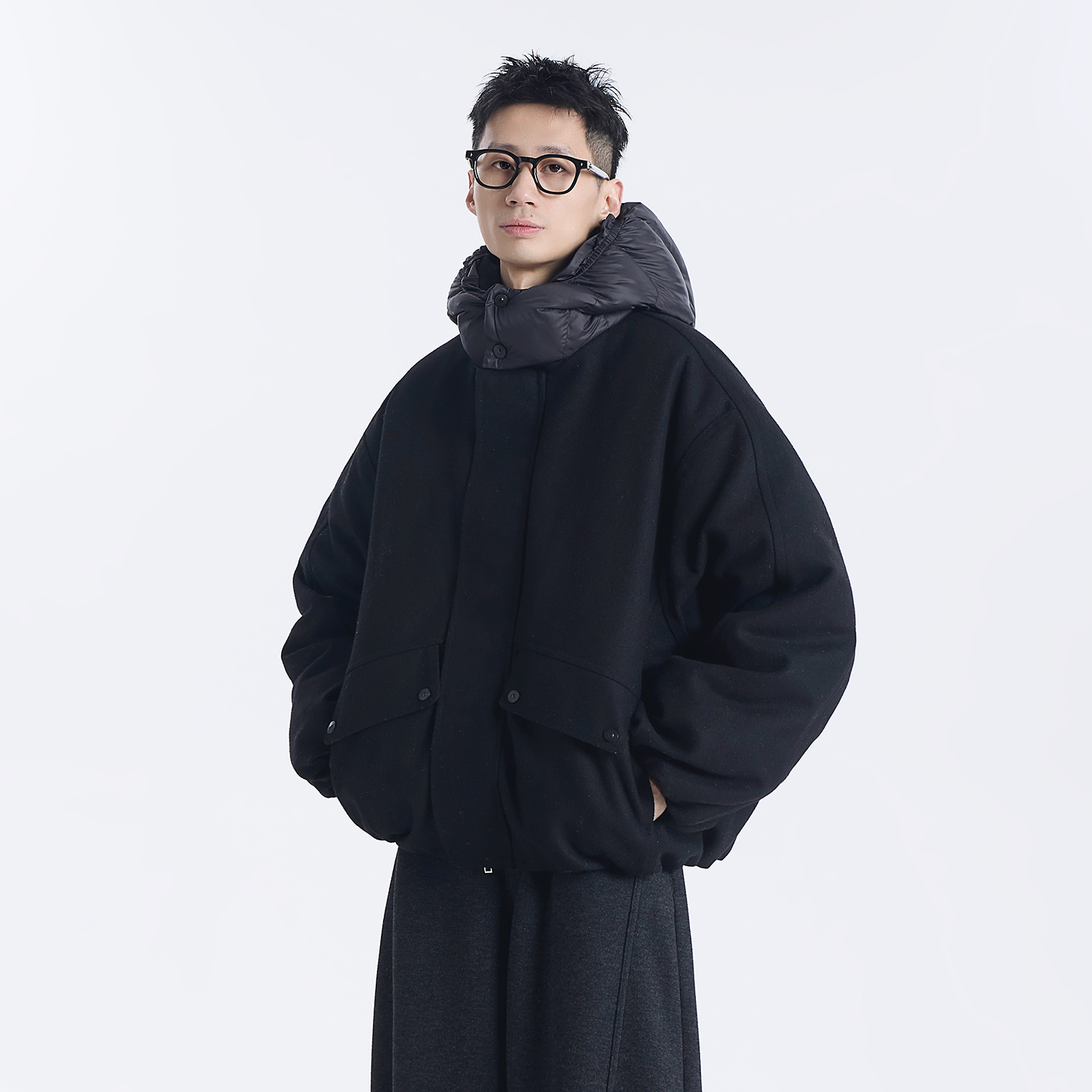 GCCDUPE77『柏林织造』冬季羊毛原纱混纺呢料拼接连帽90羽绒服