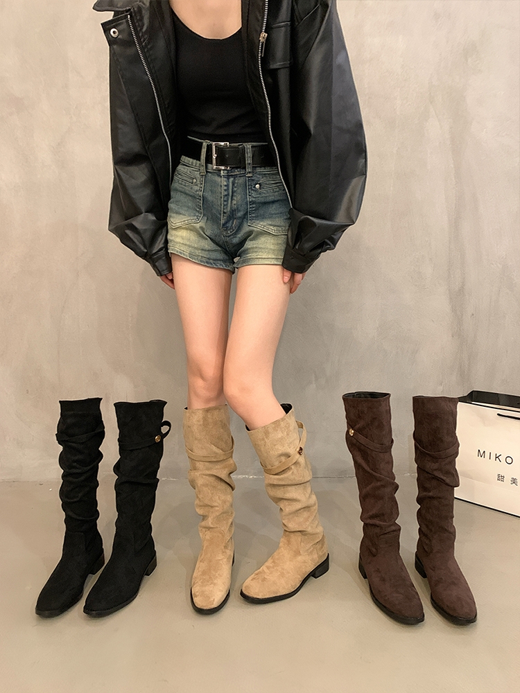 法式杏色绒面堆堆长靴女鞋2025新款春秋冬季百搭瘦瘦长筒靴子高跟