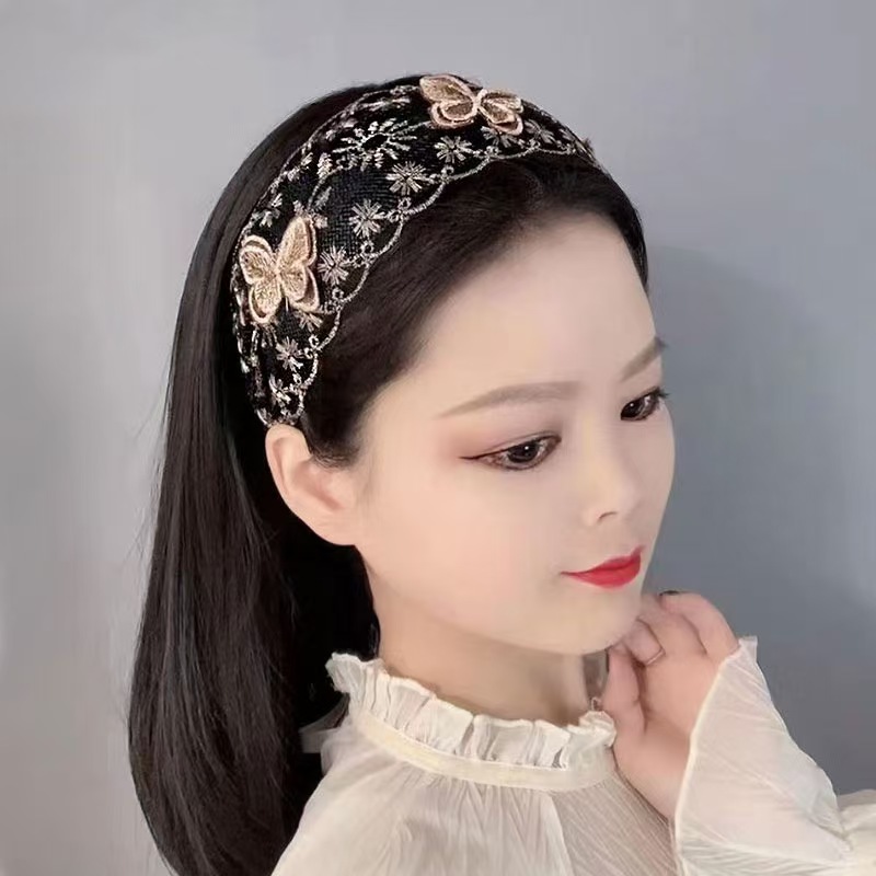 韩版蝴蝶宽边刺绣发箍带齿防滑复古头箍遮白发压发神器头饰