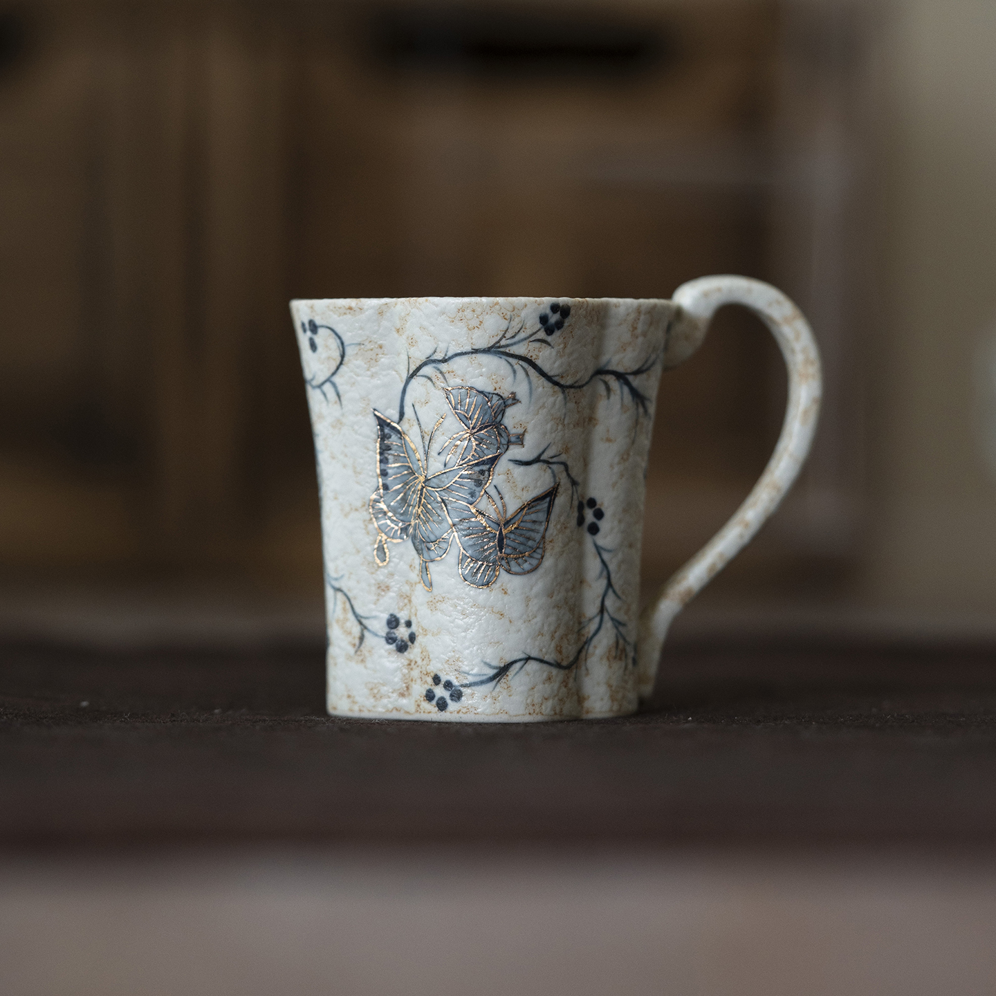 焦糖釉描金手绘缠枝蝴蝶咖啡杯家用陶瓷茶咖杯主人杯茶杯功夫茶具