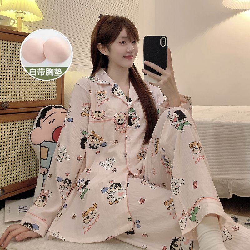 春秋季新款睡衣女日系卡通蜡笔小新长袖长裤带胸垫可爱少女家居服