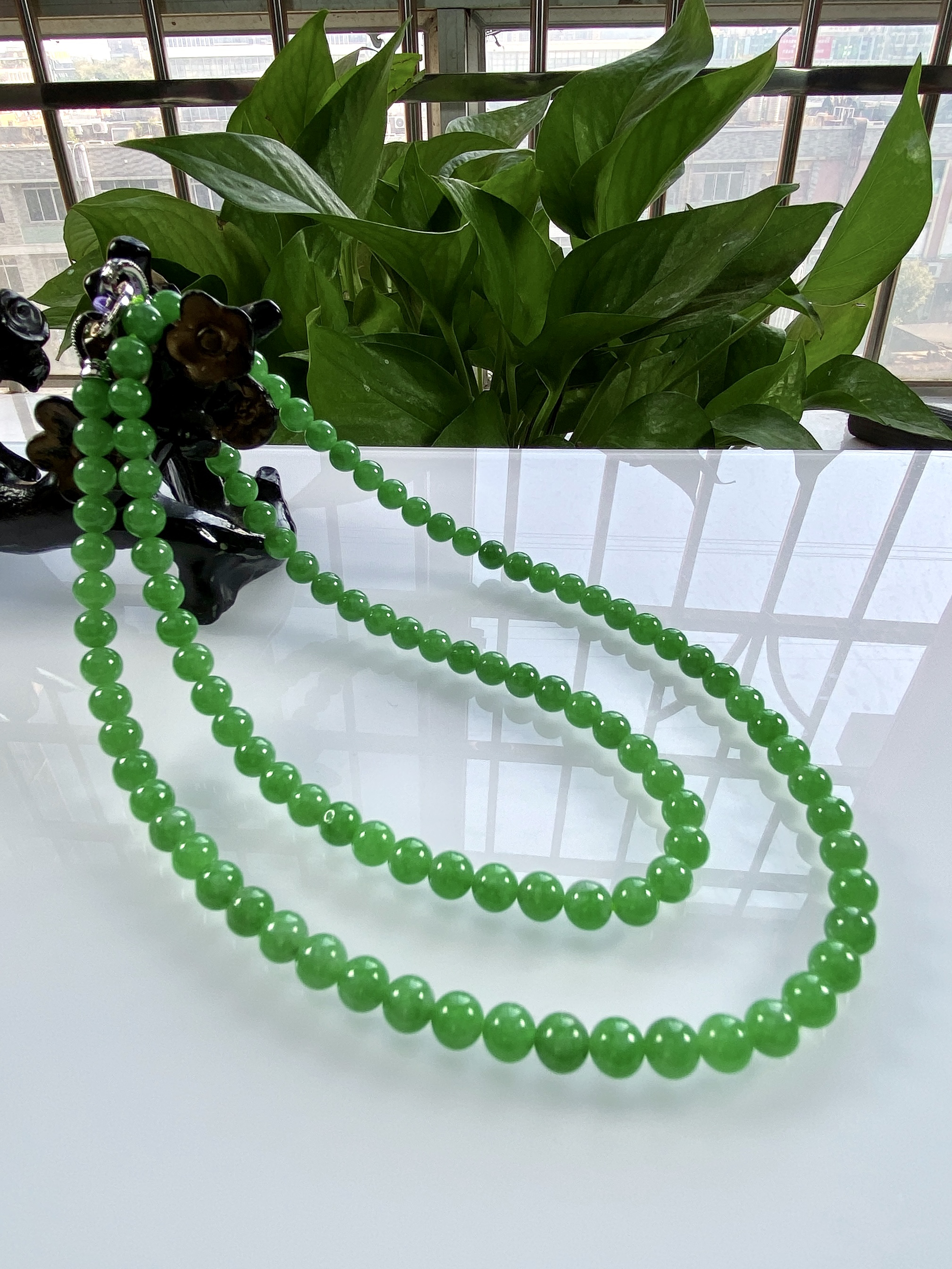 收藏级别，缅甸天然翡翠A货，卡6冰种起胶满绿浓阳绿圆珠项链4242