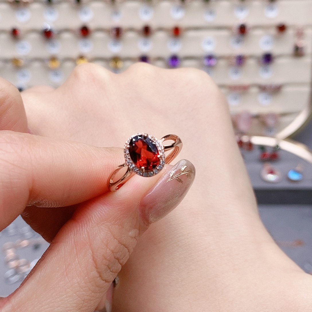 石榴石戒指银S925镶嵌戒指