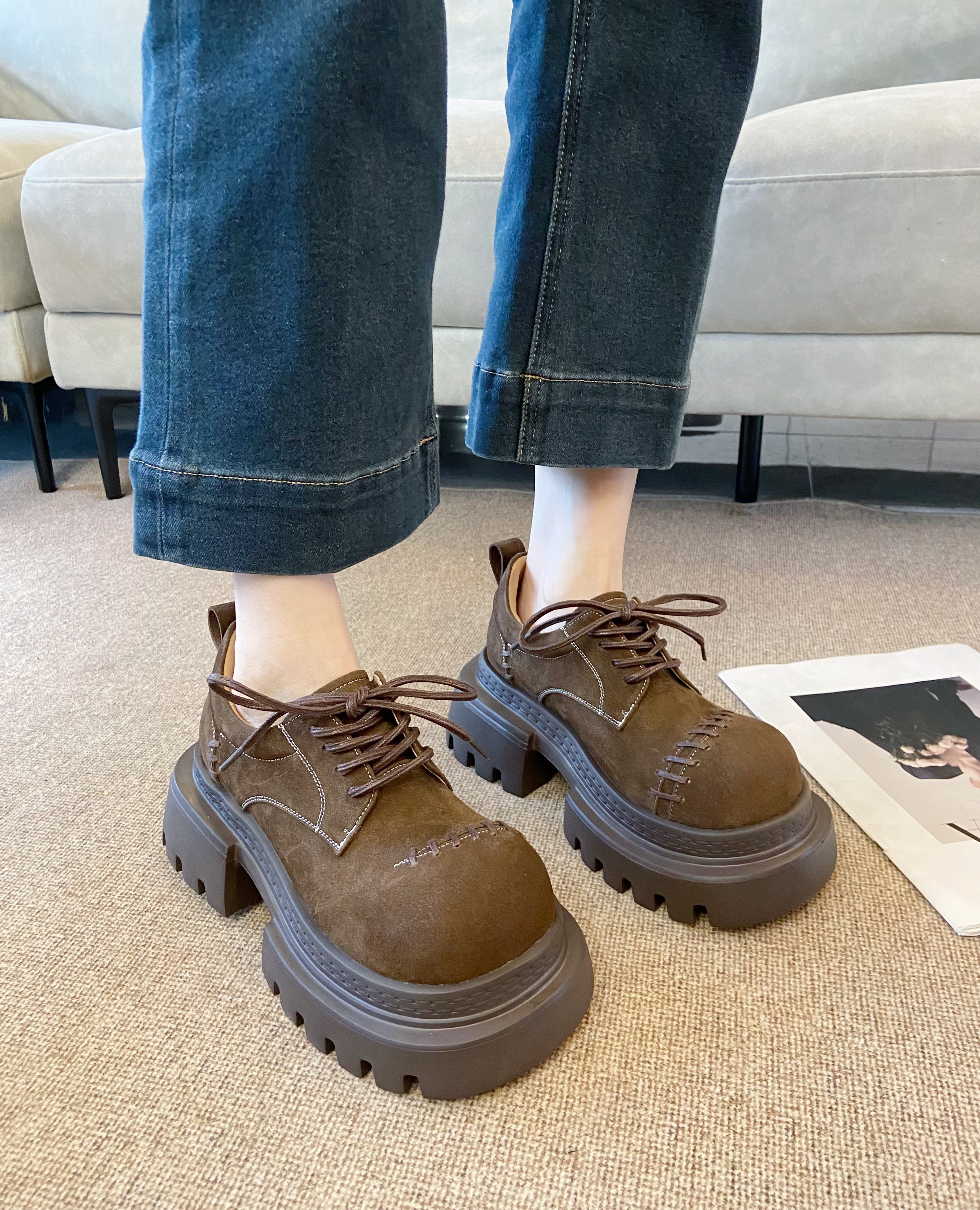 真皮厚底增高加绒乐福鞋女2025冬季新款英伦风百搭系带大头鞋单鞋