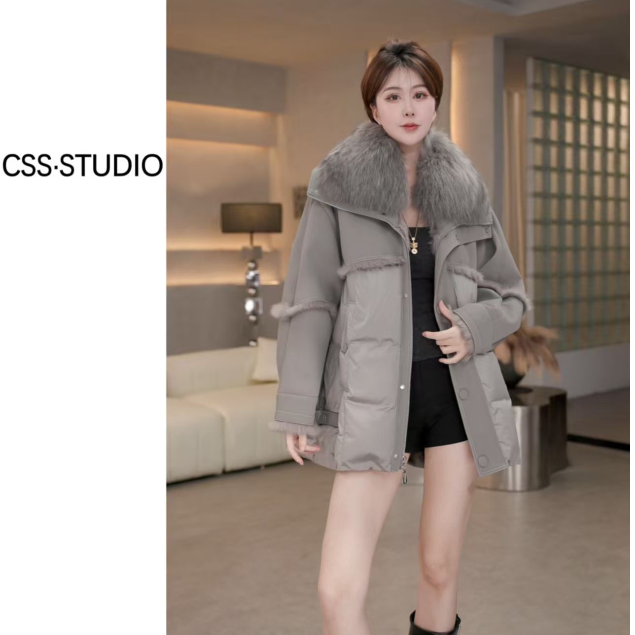 【ou.y思思】貉子毛领秋冬兔皮毛一体鹅绒皮草外套 C8338