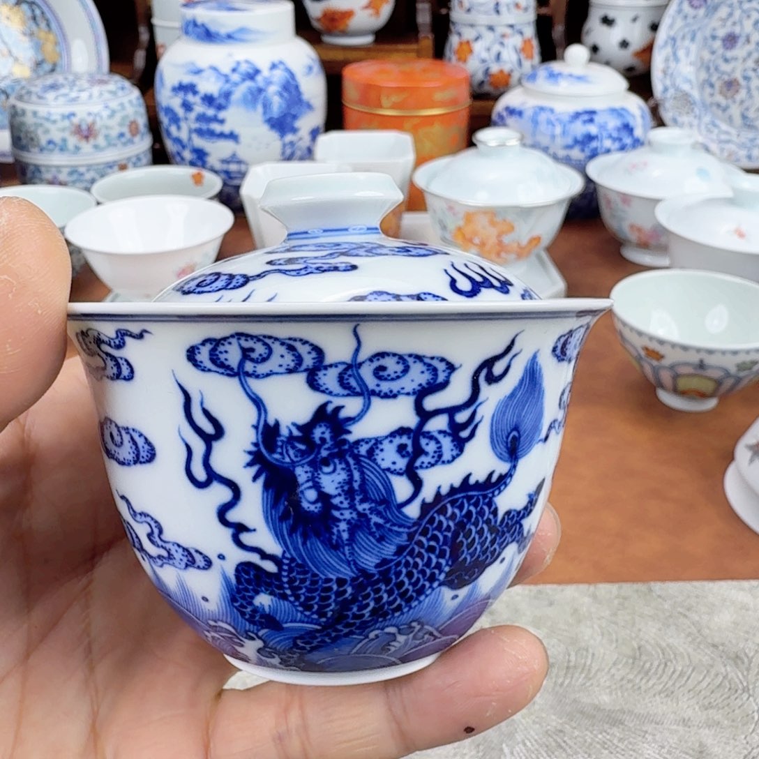 陶摆件福利青花盖碗