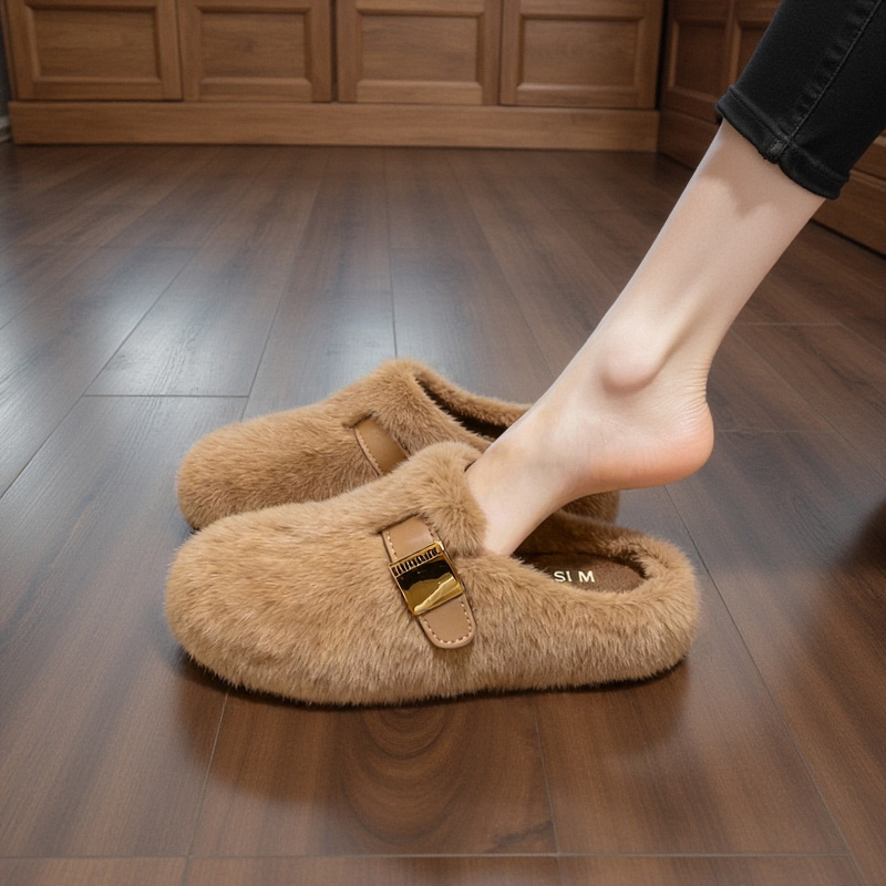纯色女毛毛鞋休闲风防滑厚底毛毛拖鞋厚底包头拖韩版