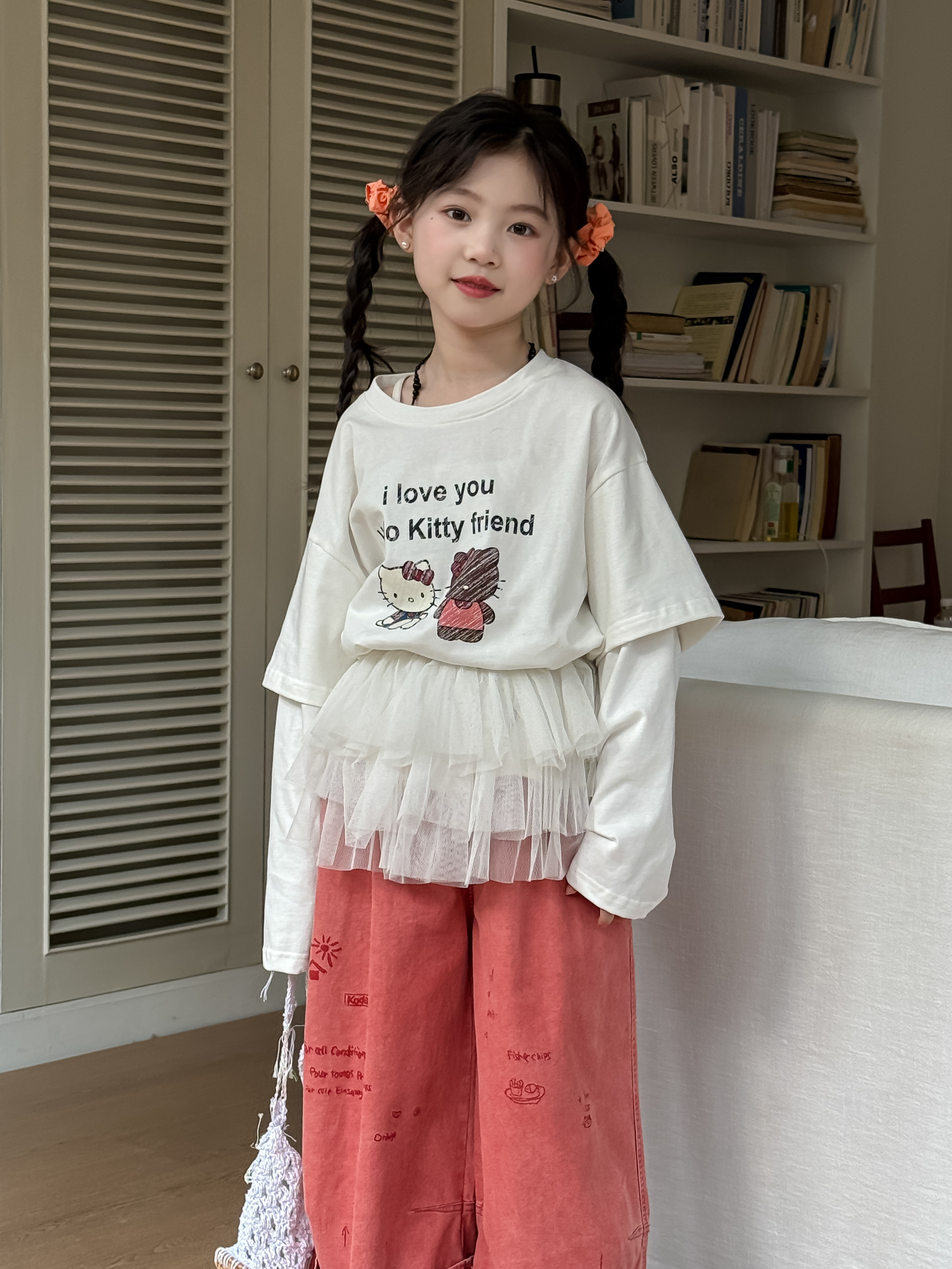 LJ-71553-童装假两件打底衫2025春季新款韩版Kitty猫长袖衫潮