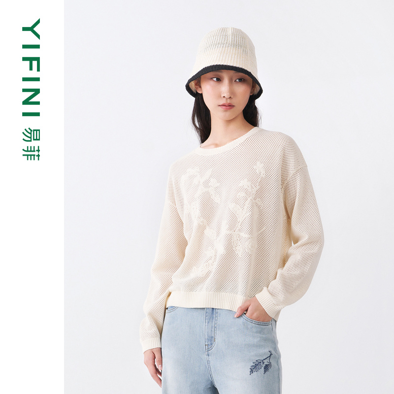 【Yifini】专柜同款易菲镂空设计舒适百搭宽松短款毛衫C09M1007